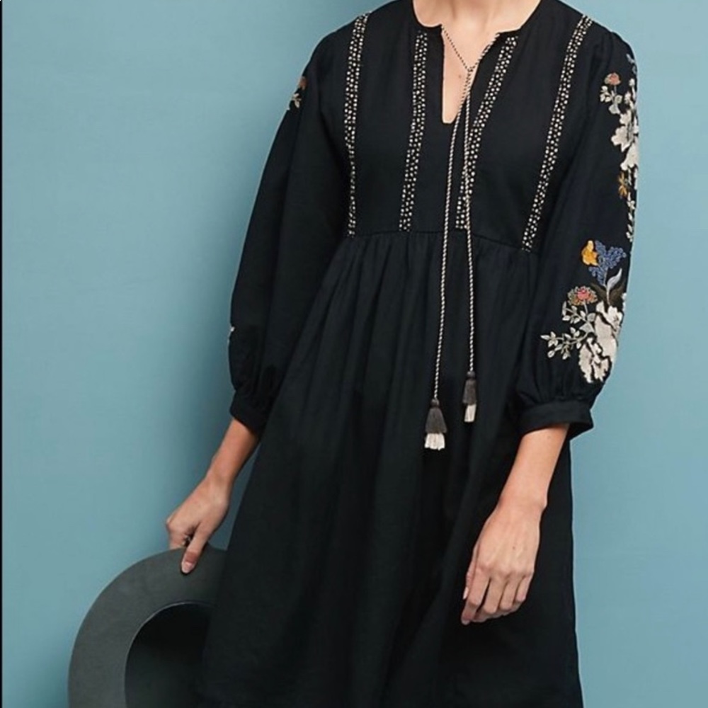 Anthropologie Black Floral Embroidered Dress